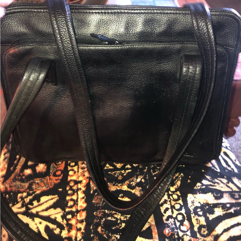 Tignanello Black Pebbled Leather Briefcase Organizer Tablet Satchel Shoulder Bag